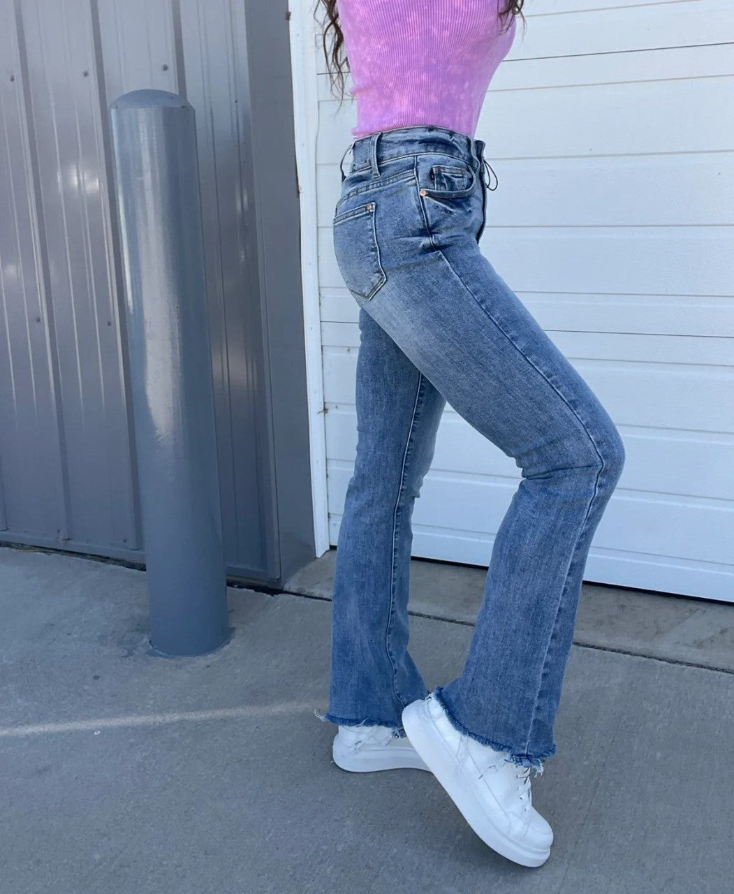 Vintage Double Button Frayed Hem Bootcut Jeans