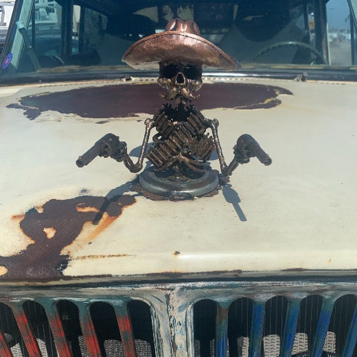 Handmade Cast Cowboy Skull Gunslinger Hood Ornament Sculpture