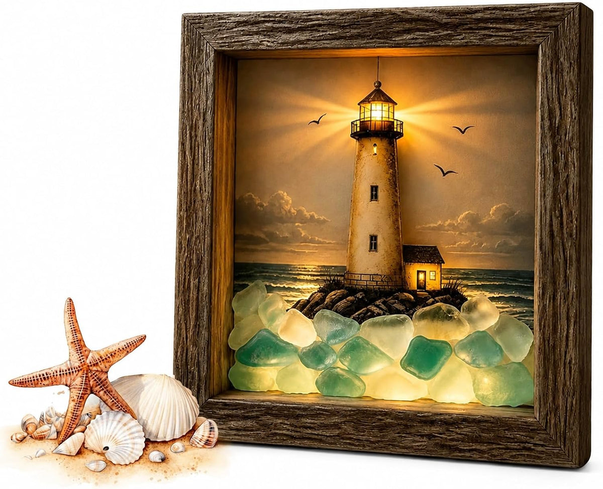 💡Handcrafted: 3D Coastal Lighthouse & Sea Glass Shadow Box Night Light