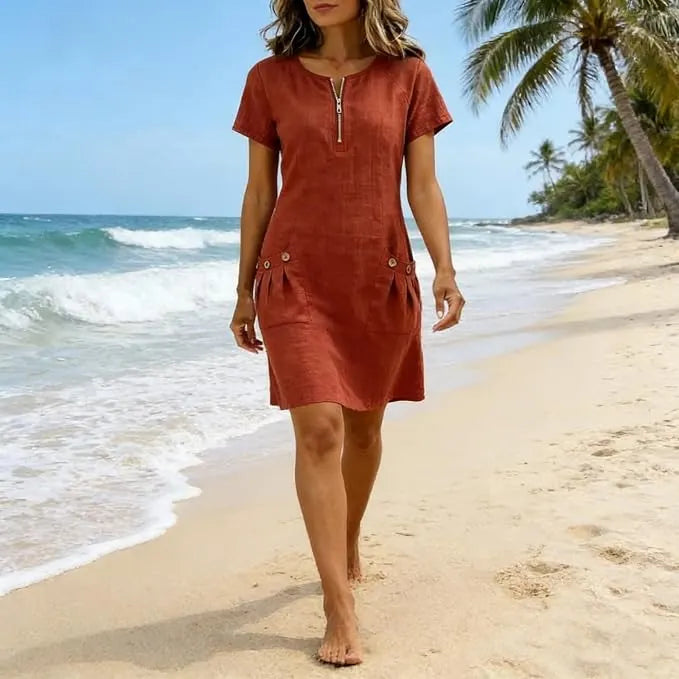 💃50% off🏝️Women's Summer Cotton-Linen Dress with Zipper Pockets