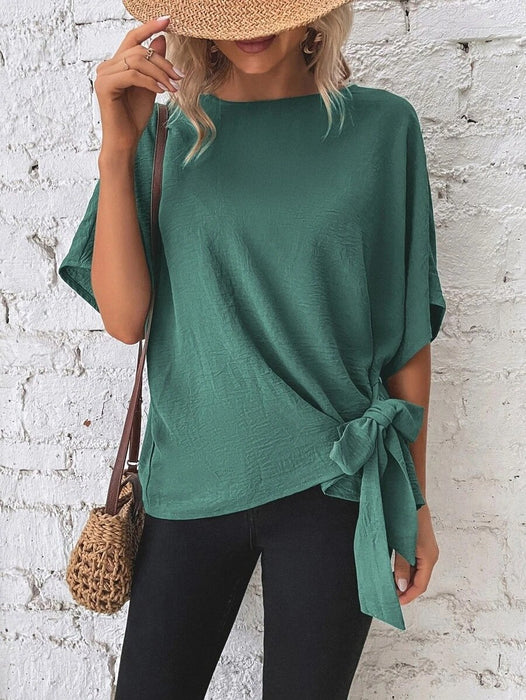 🌷Women's cotton and linen crewneck tie knot top