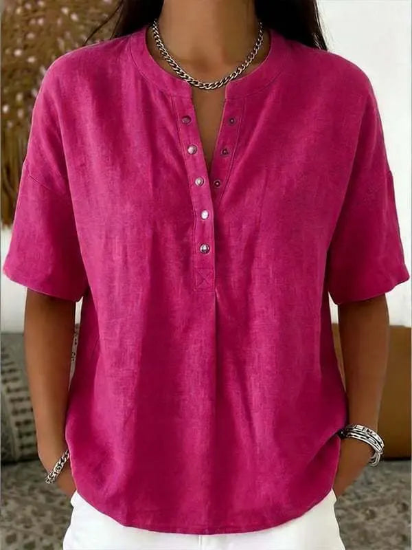 Women's Solid-Color Loose-Fit Short-Sleeve Henley Pullover