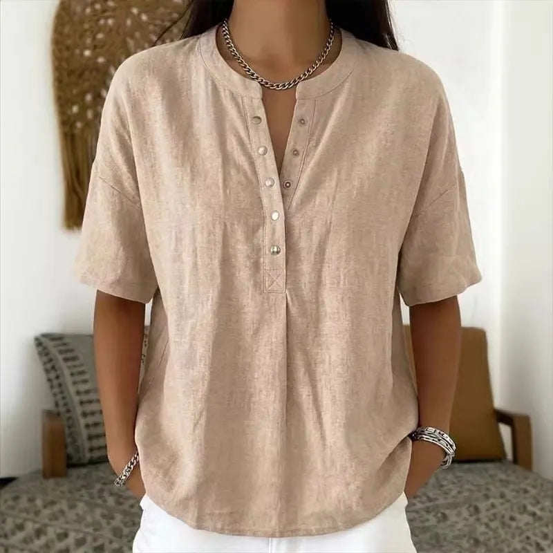 Women's Solid-Color Loose-Fit Short-Sleeve Henley Pullover