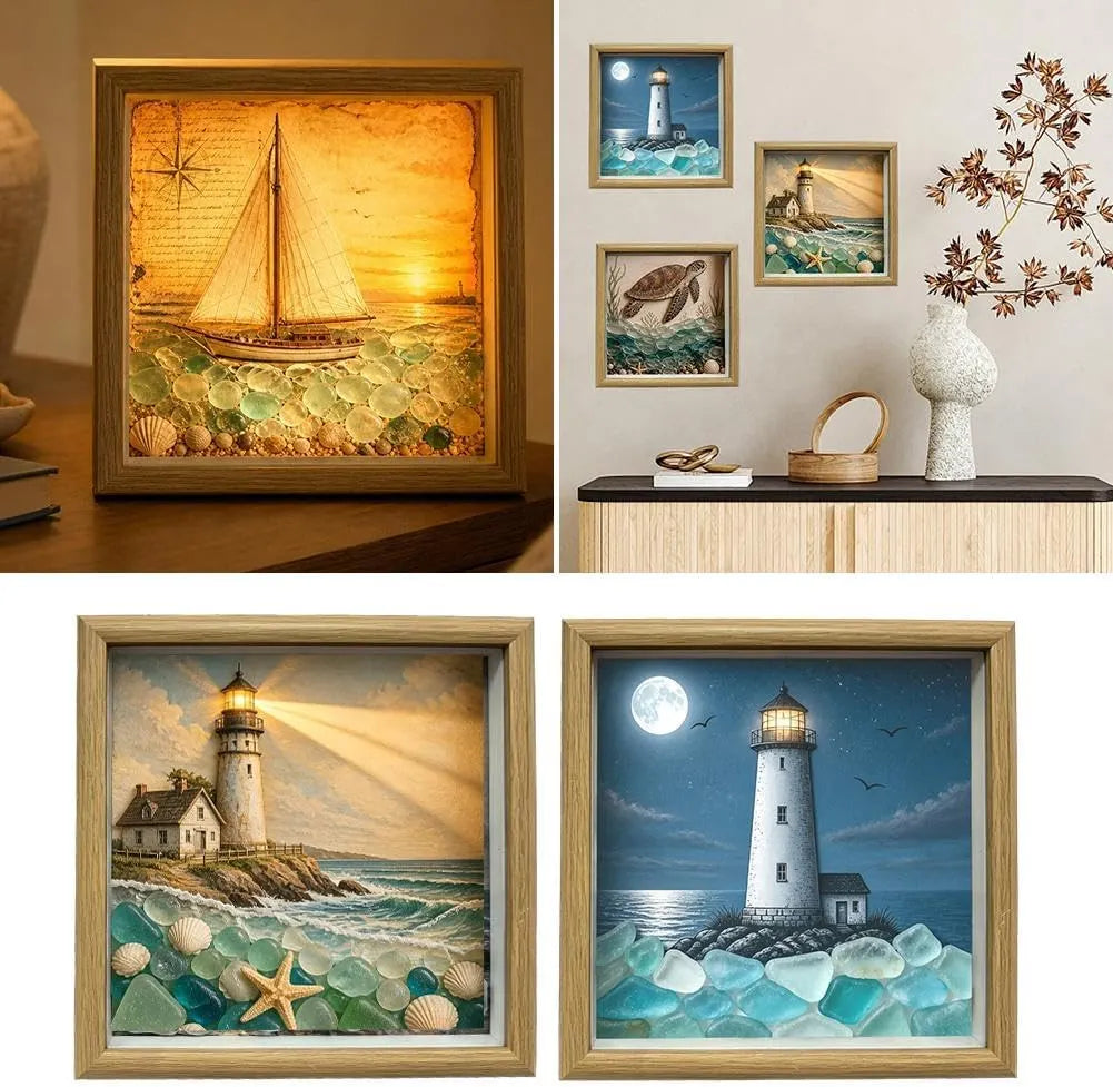 💡Handcrafted: 3D Coastal Lighthouse & Sea Glass Shadow Box Night Light