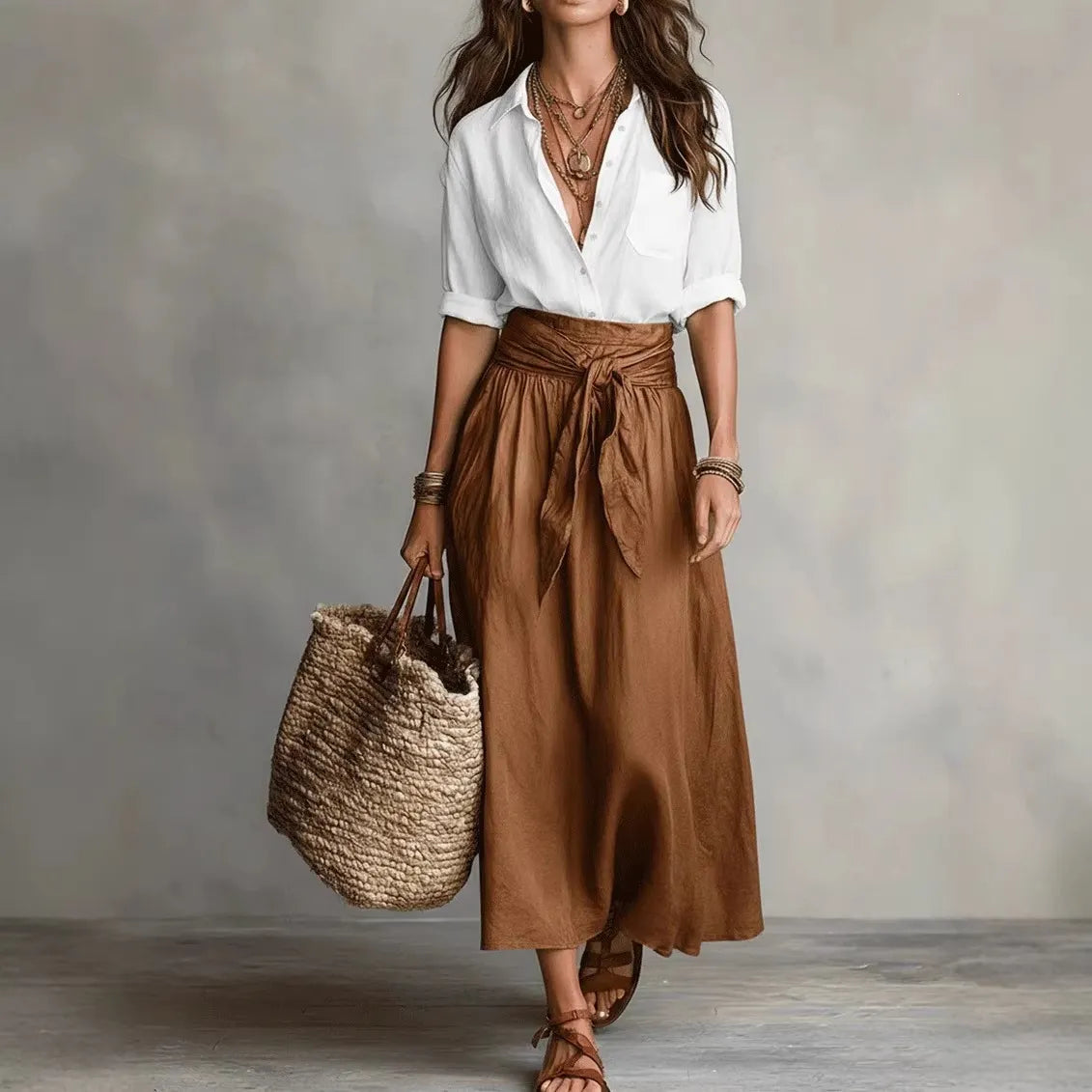 ⛱️New Summer Arrivals - Women's Black Color-Block T-Shirt and Olive Green Midi Skirt
