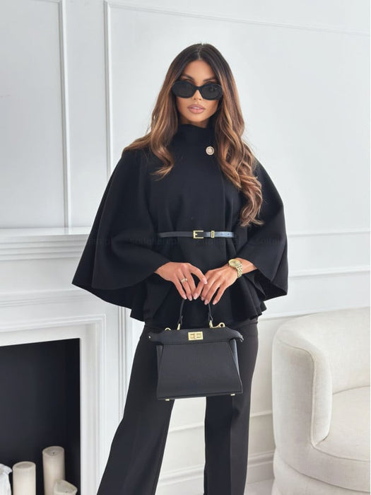 Elegant Solid Color Belted Wool Cape Jacket