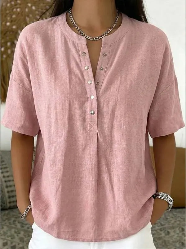 Women's Solid-Color Loose-Fit Short-Sleeve Henley Pullover