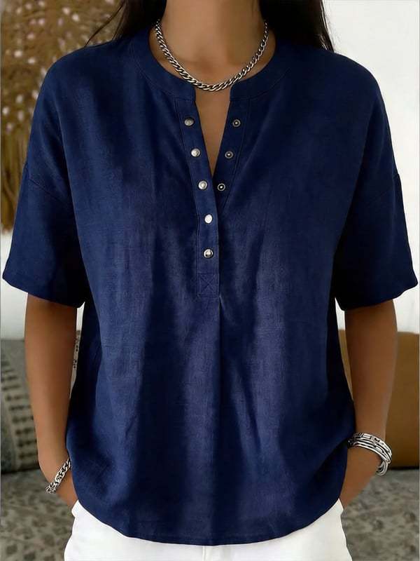 Women's Solid-Color Loose-Fit Short-Sleeve Henley Pullover