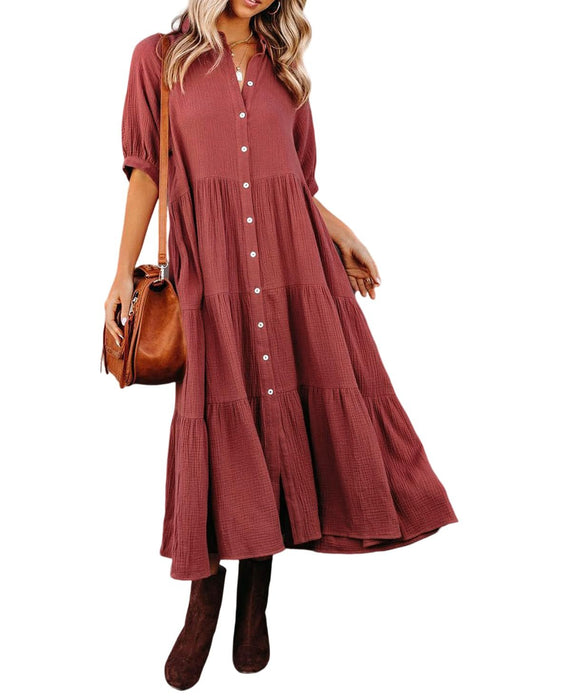 Summer Cotton Half Sleeves Midi Dress with Pockets