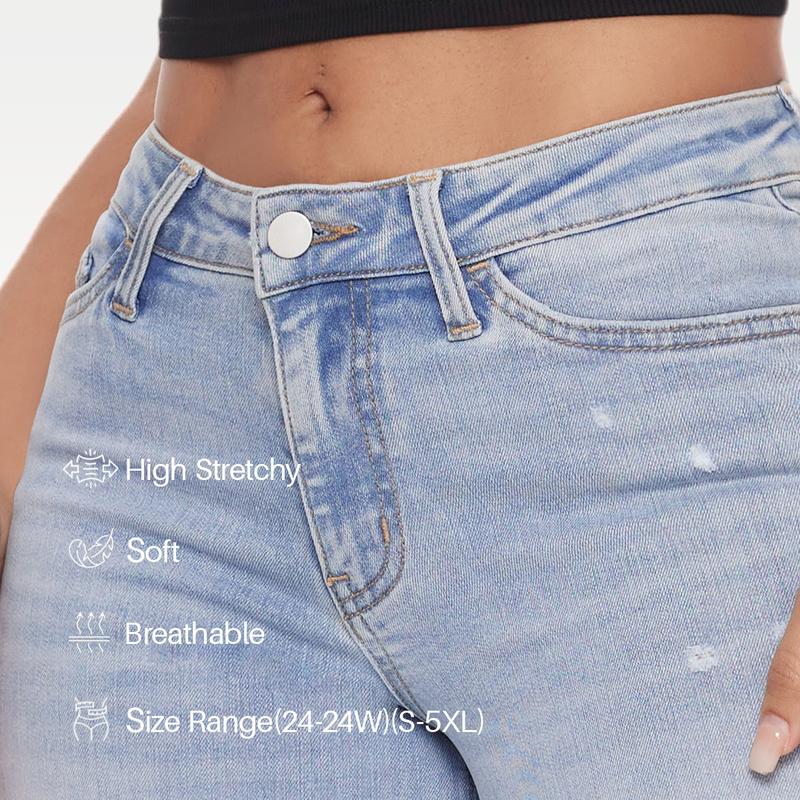 💥👖Mid-Low Rise Baggy Jeans – Stretchy Wide Leg for Women | Distressed Light/Dark Blue, Tummy Control & Curve Hugging (Plus/Regular Size) !