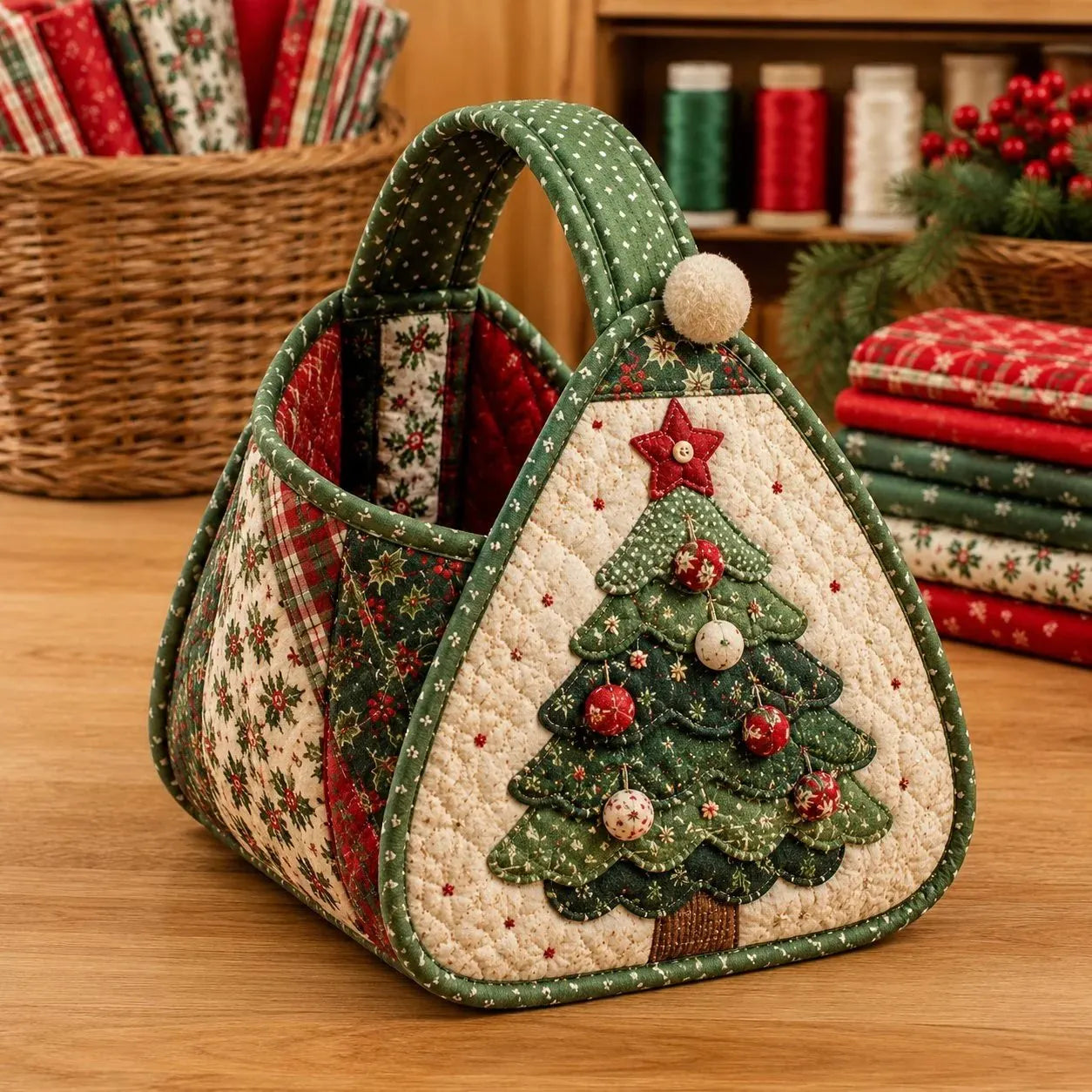 🎉🎄 Christmas Character Quilted Carry Basket | Padded Patchwork Fabrics, Layered Appliqué & Soft Carry Handle in DIY Kit or Ready-Made Styles 🎁✨