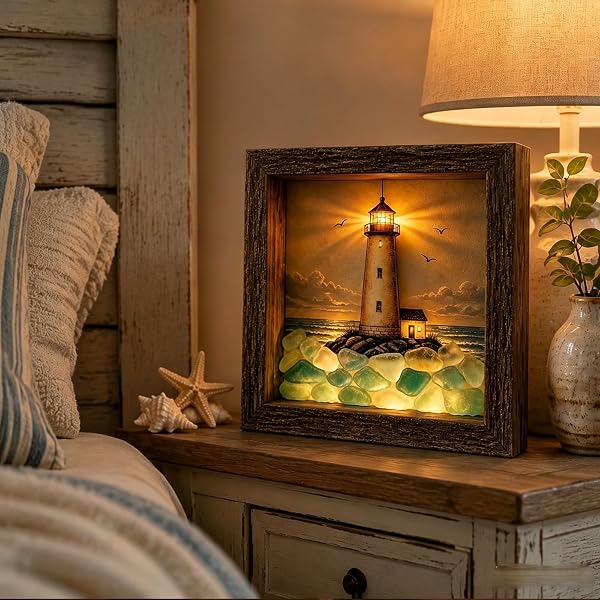 💡Handcrafted: 3D Coastal Lighthouse & Sea Glass Shadow Box Night Light