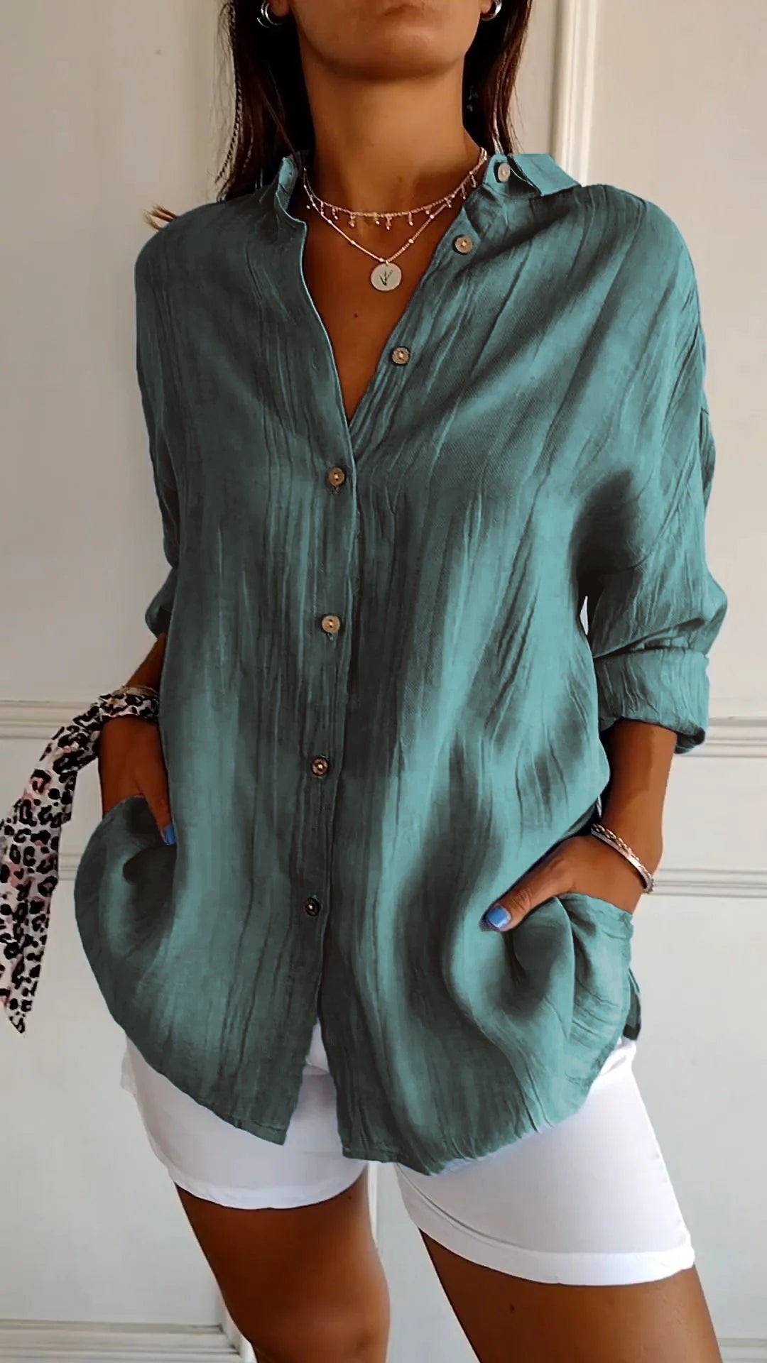 ✨Women's Cotton and Linen Casual Single-Breasted Pleated Lapel Shirt