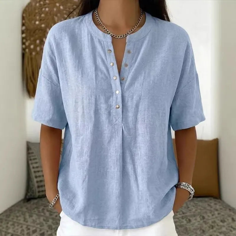 Women's Solid-Color Loose-Fit Short-Sleeve Henley Pullover
