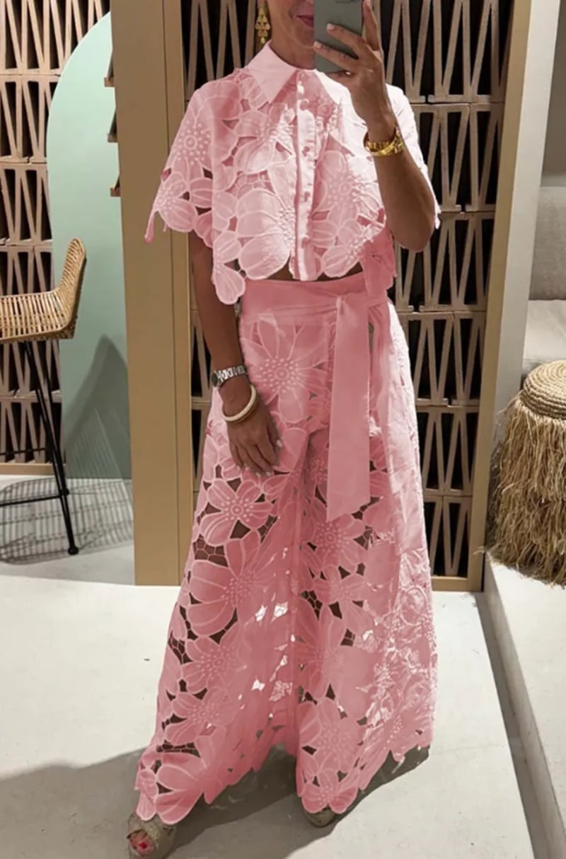 Exquisite Floral Embroidered Hollow Lace Top and Wide-Leg Pants Set