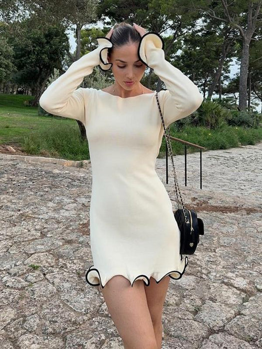 Women's Contrast Binding Flounce Sleeve Bodycon Sweater Dress