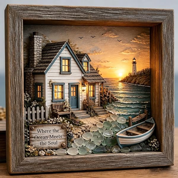 💡Handcrafted: 3D Coastal Lighthouse & Sea Glass Shadow Box Night Light