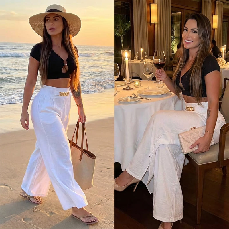 50% off Women's Solid-Color High-Waisted Wide-Leg Pants