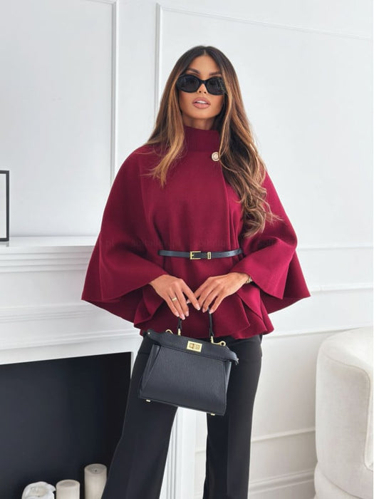 Elegant Solid Color Belted Wool Cape Jacket