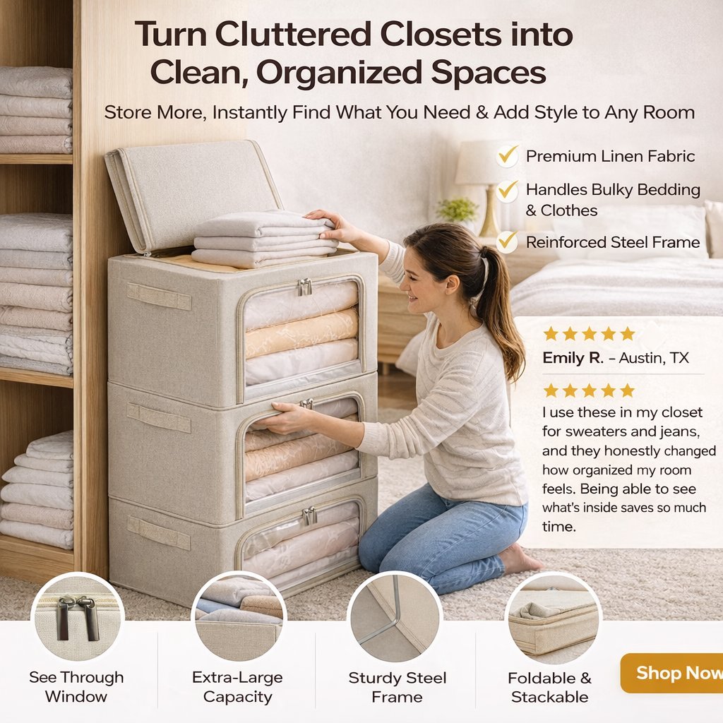 👍Extra-Large Foldable Fabric Storage Bins with Metal Frame