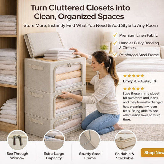 👍Extra-Large Foldable Fabric Storage Bins with Metal Frame