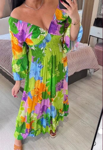 V-neck Floral Seaside Vacation Loose Dress