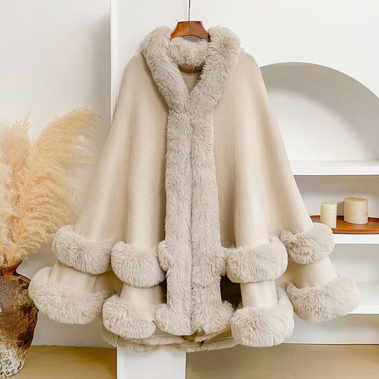 Luxury Faux Fur Hooded Cape Shawl
