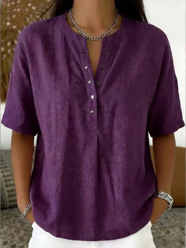 Women's Solid-Color Loose-Fit Short-Sleeve Henley Pullover