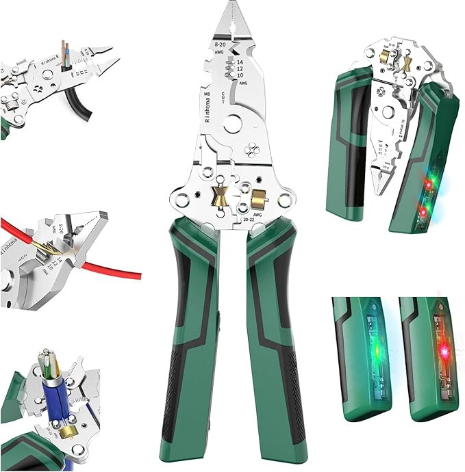 16in1WireStripperTwisterforCuttingandPullingWires,CableScissors,VoltageTesterPliers,12Vto250VLive,Null,HotWireJudgmentACDC,AudibleandFlashingLEDAlarms