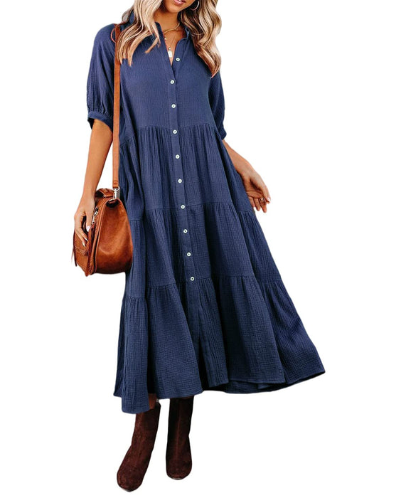 Summer Cotton Half Sleeves Midi Dress with Pockets