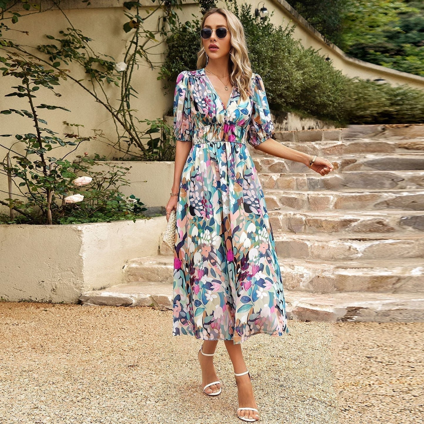 Elegant Waist V-neck Printed Dress💖