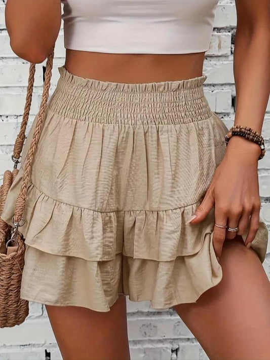 💥-Women's Frill Trim Ruffle Hem Shirred High Waist Shorts