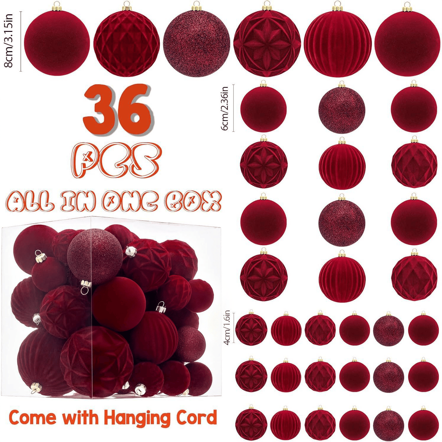 🎅Christmas Sale🎅 36 PCS Velvet Christmas Balls, Flocked Christmas Tree Ball Ornaments, Plastic Balls Xmas Decorative Hanging Ornaments Christmas Tree Decoration