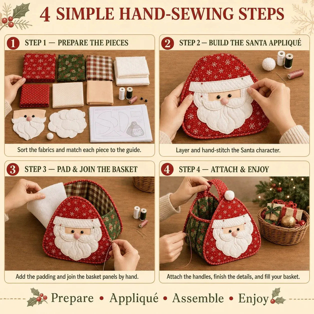 🎉🎄 Christmas Character Quilted Carry Basket | Padded Patchwork Fabrics, Layered Appliqué & Soft Carry Handle in DIY Kit or Ready-Made Styles 🎁✨