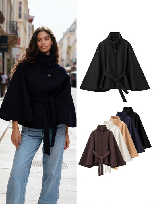 🔥BUY 2 GET FREE SHIPPING💥Women's Plain Front Buckle Belted Woolen Cape Coat