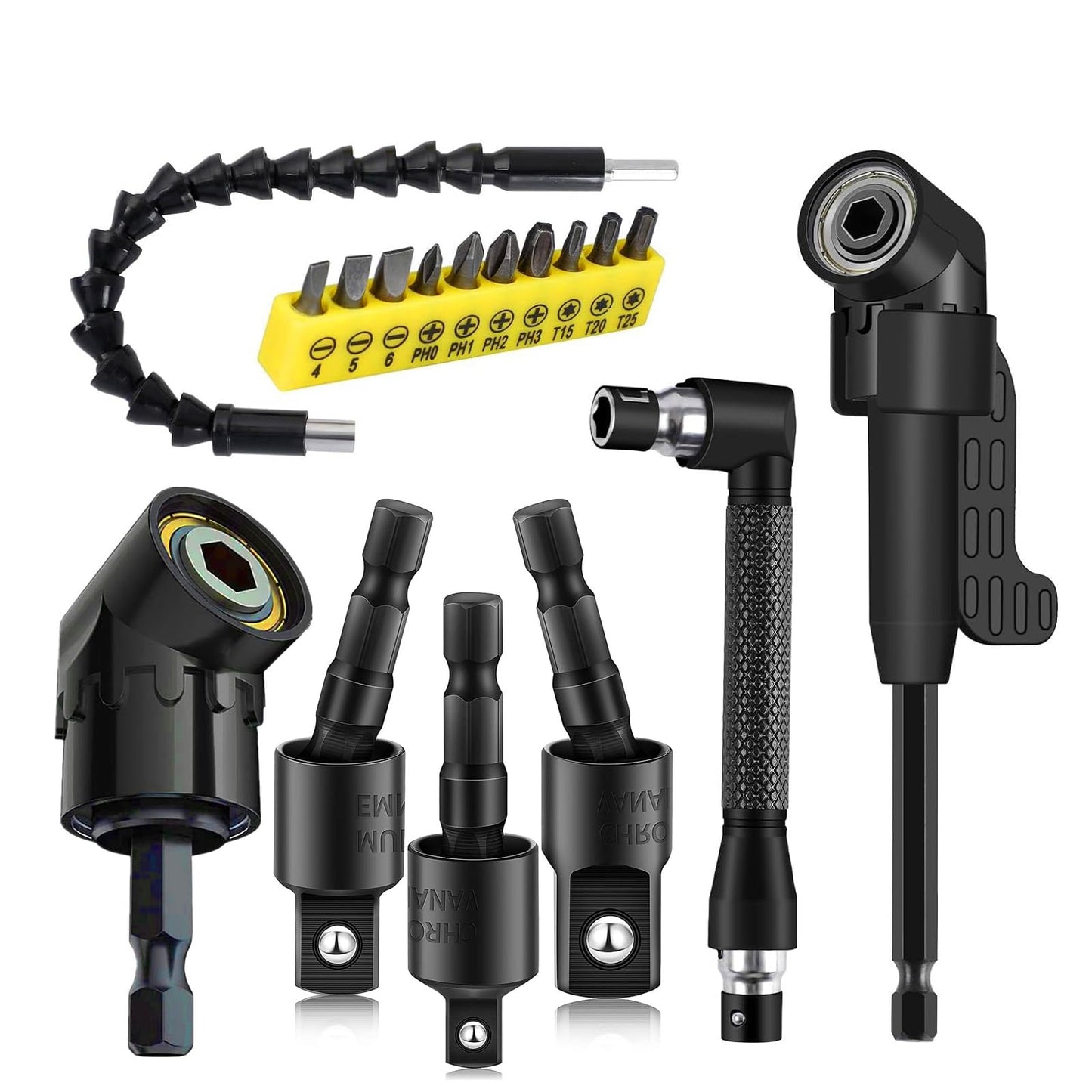 17Pcs Flexible Drill Bit Extension, Include 3Pcs Rotatable Socket Adapter, 2Pcs Hex Shank 105° Right Angle Drill Attachment, 10 Short Screwdriver Bits 90° Angled Bits and Bendable Extension