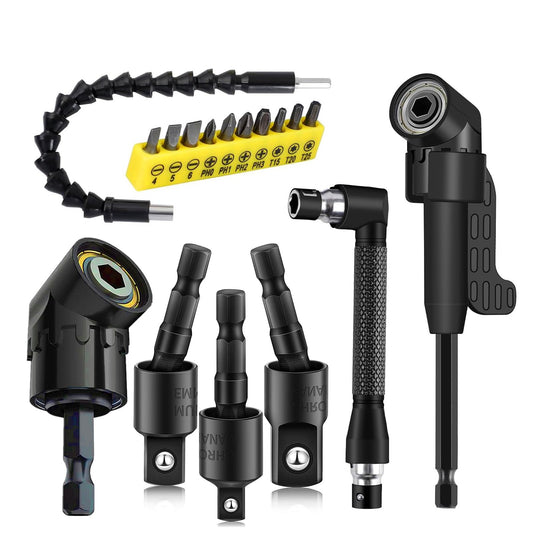 17Pcs Flexible Drill Bit Extension, Include 3Pcs Rotatable Socket Adapter, 2Pcs Hex Shank 105° Right Angle Drill Attachment, 10 Short Screwdriver Bits 90° Angled Bits and Bendable Extension
