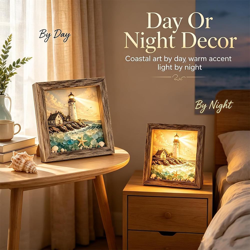 💡Handcrafted: 3D Coastal Lighthouse & Sea Glass Shadow Box Night Light
