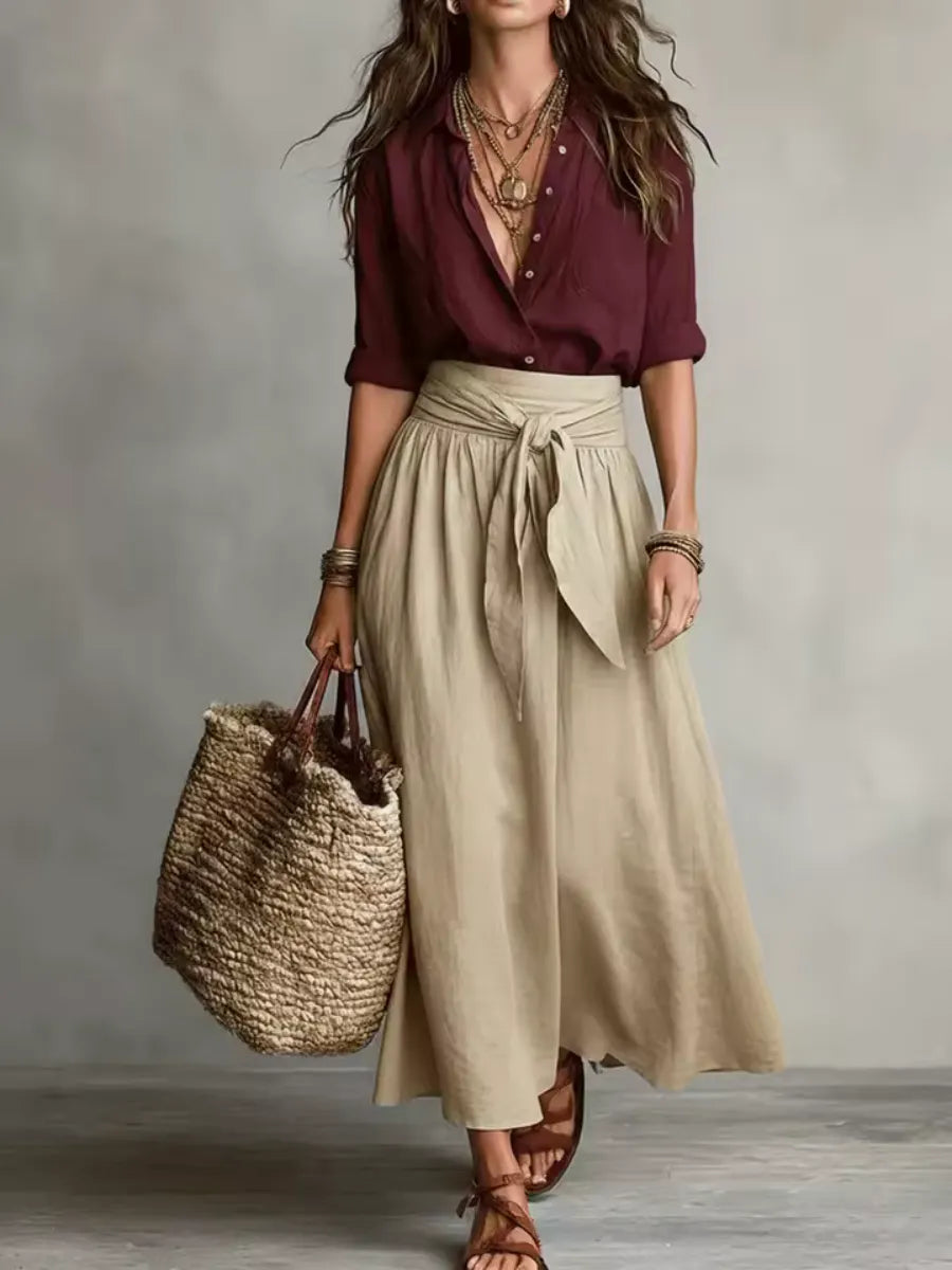 ⛱️New Summer Arrivals - Women's Black Color-Block T-Shirt and Olive Green Midi Skirt