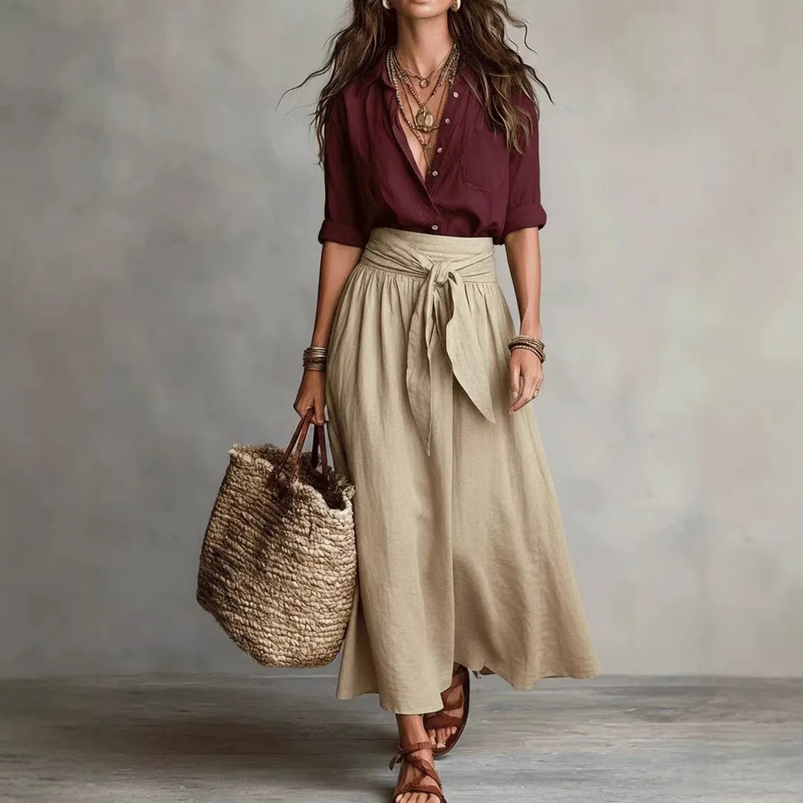 ⛱️New Summer Arrivals - Women's Black Color-Block T-Shirt and Olive Green Midi Skirt