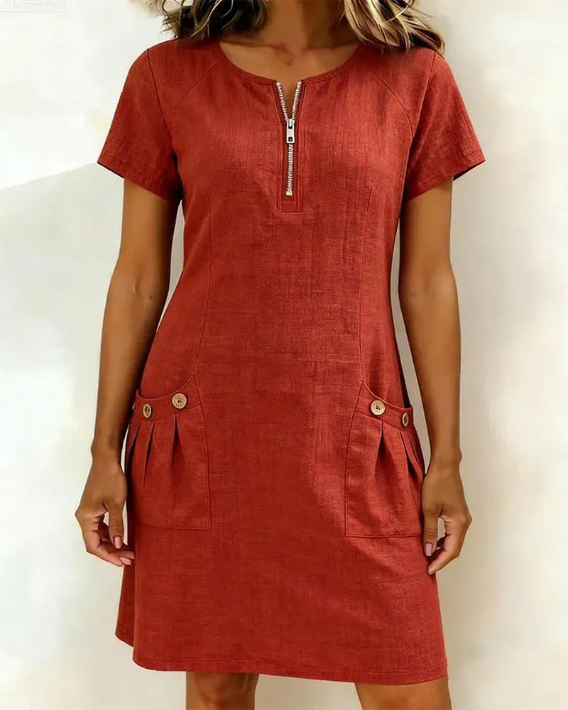 💃50% off🏝️Women's Summer Cotton-Linen Dress with Zipper Pockets