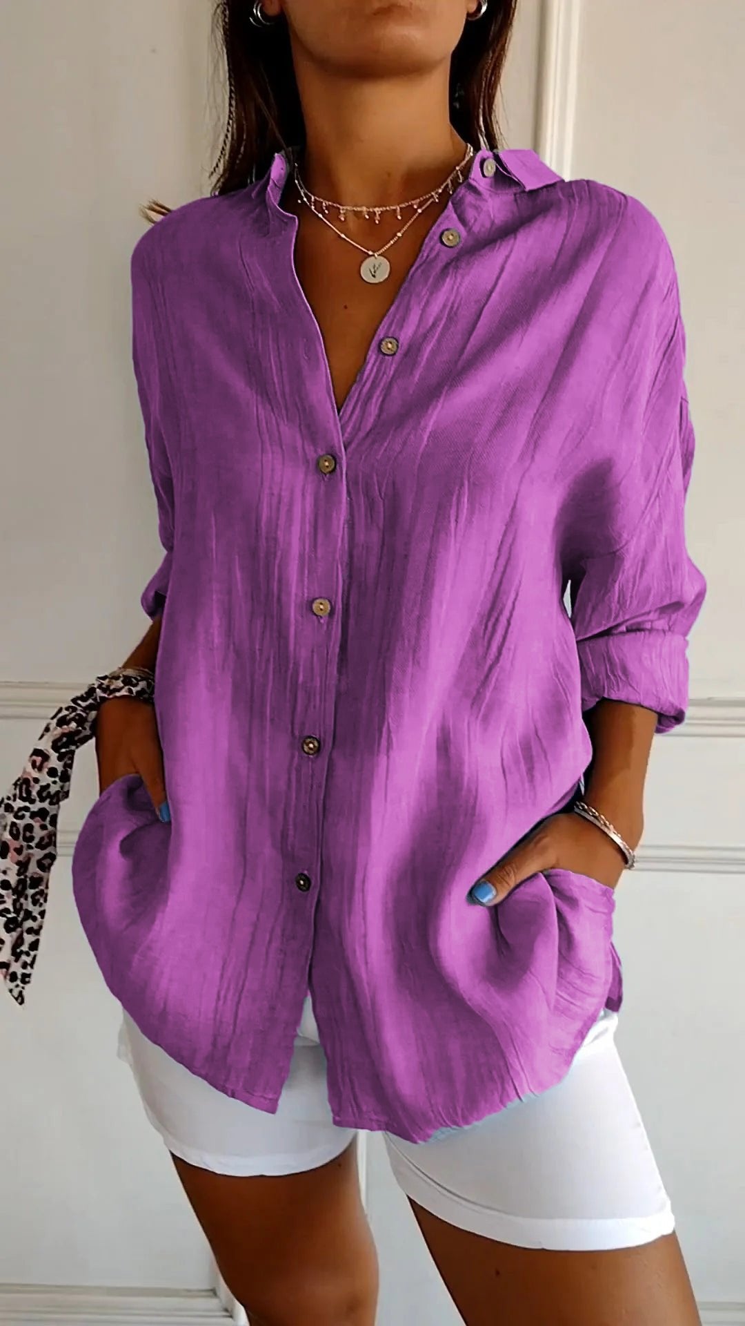 ✨Women's Cotton and Linen Casual Single-Breasted Pleated Lapel Shirt