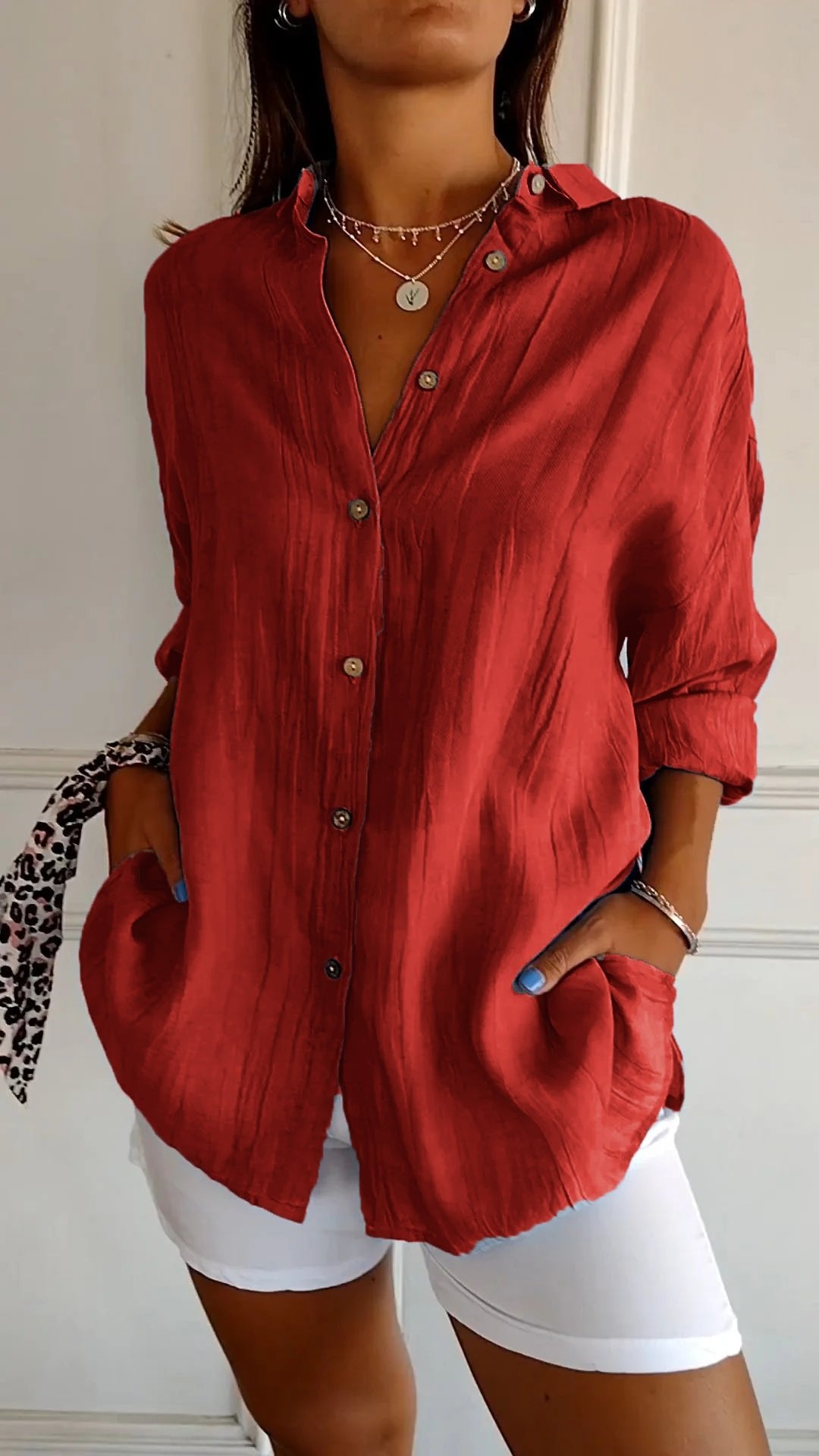 ✨Women's Cotton and Linen Casual Single-Breasted Pleated Lapel Shirt