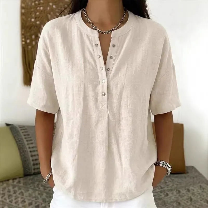 Women's Solid-Color Loose-Fit Short-Sleeve Henley Pullover