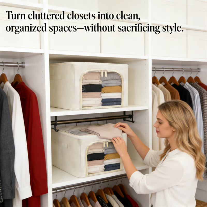 👍Extra-Large Foldable Fabric Storage Bins with Metal Frame