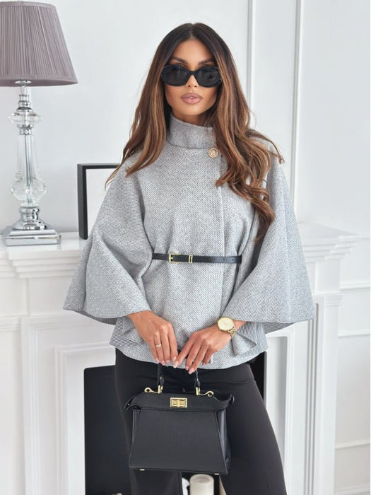 Elegant Solid Color Belted Wool Cape Jacket