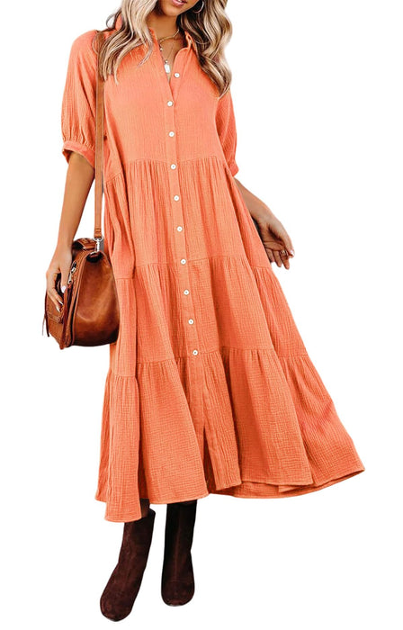 Summer Cotton Half Sleeves Midi Dress with Pockets