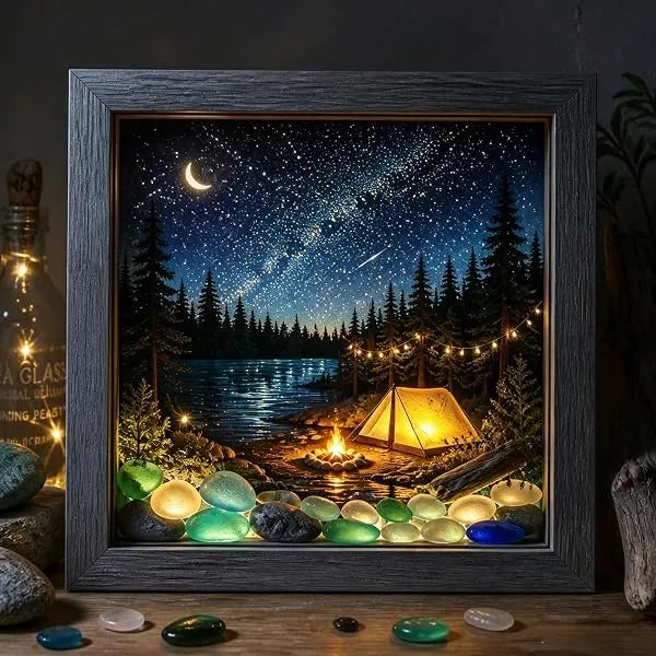 💡Handcrafted: 3D Coastal Lighthouse & Sea Glass Shadow Box Night Light