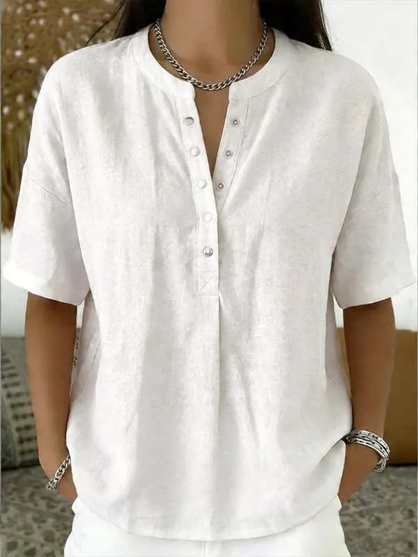 Women's Solid-Color Loose-Fit Short-Sleeve Henley Pullover