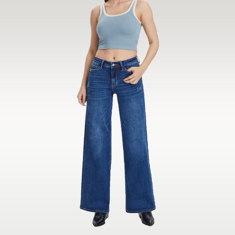💥👖Mid-Low Rise Baggy Jeans – Stretchy Wide Leg for Women | Distressed Light/Dark Blue, Tummy Control & Curve Hugging (Plus/Regular Size) !